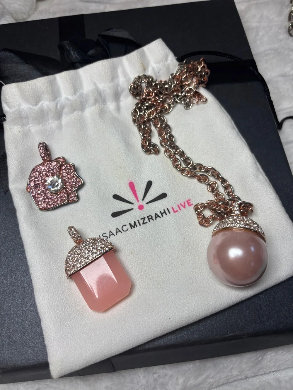 Isaac Mizrahi Rose Gold Silvertone  Necklace with 3 Pendants 36”